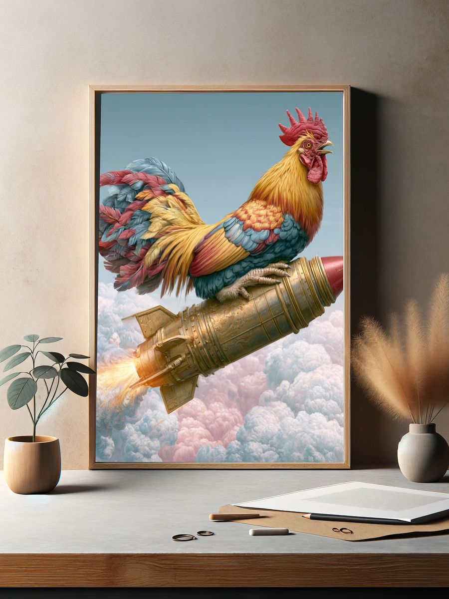 Rocket Rooster Surrealism Poster. — room view 2