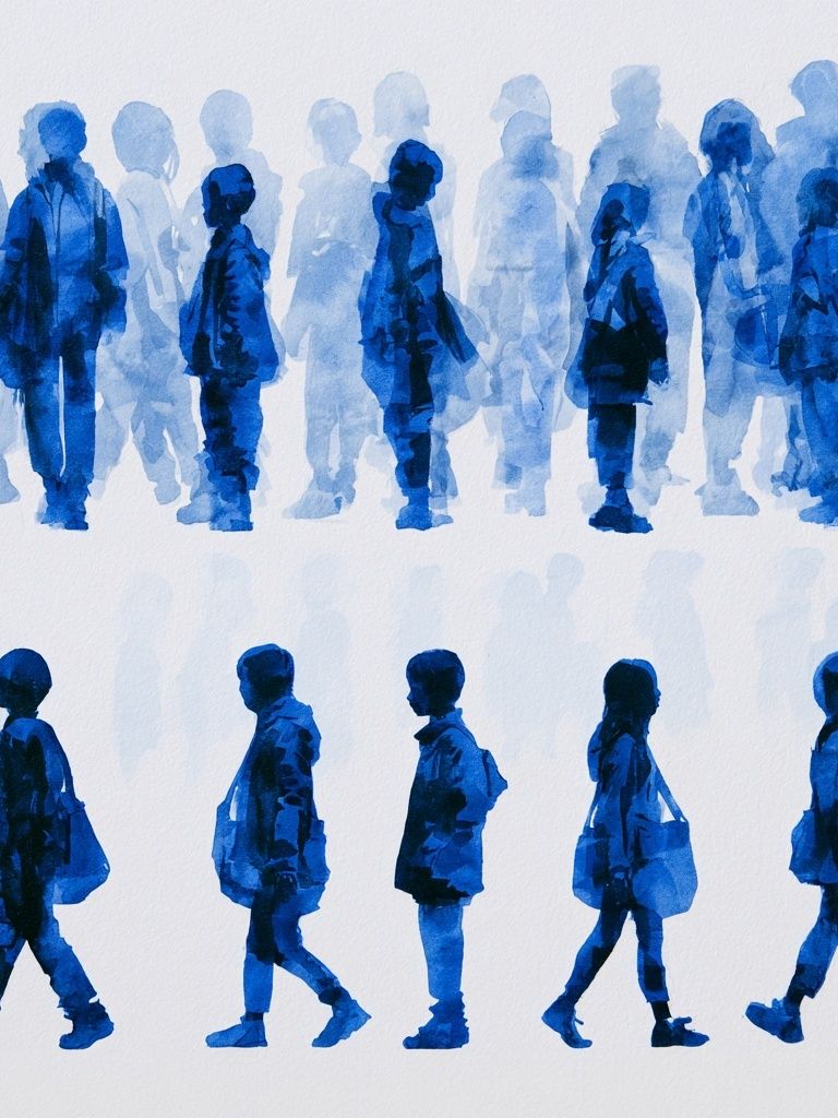 Blue Walking Figures Illustration Poster. poster detail