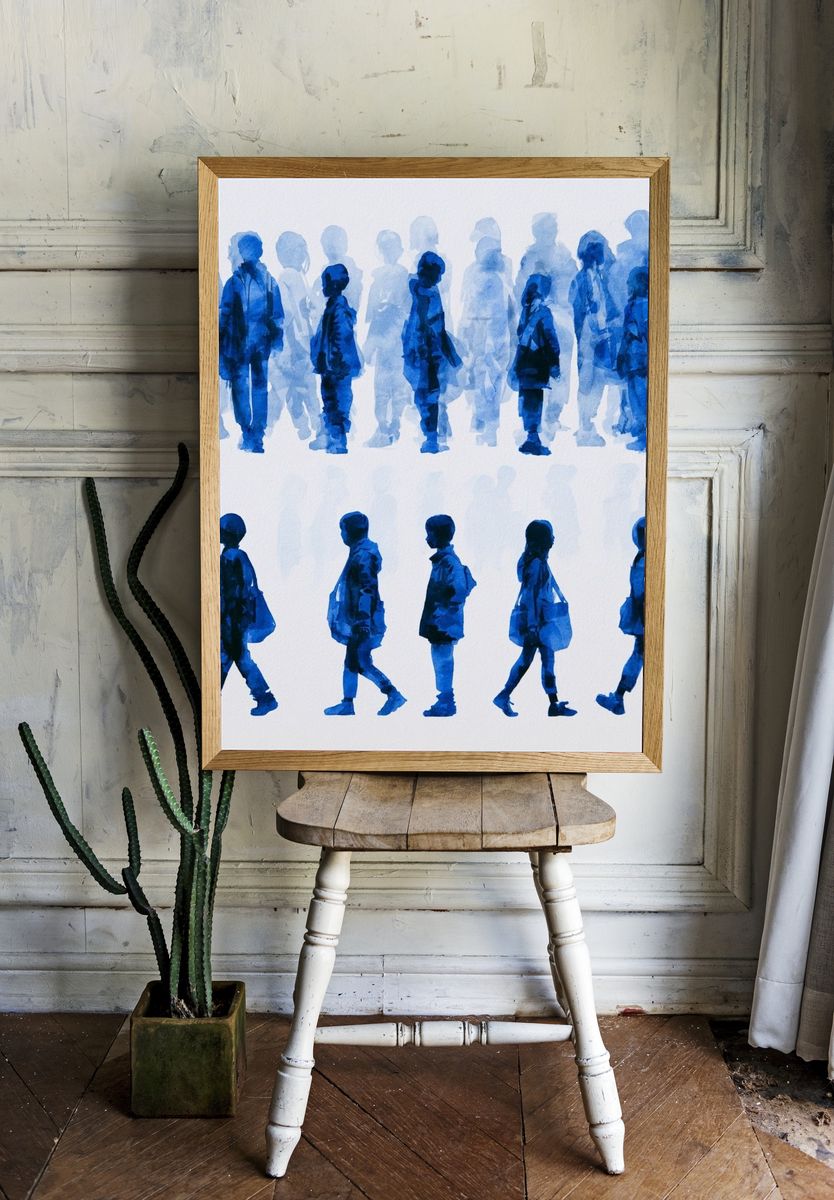 Blue Walking Figures Illustration Poster. — room view 1