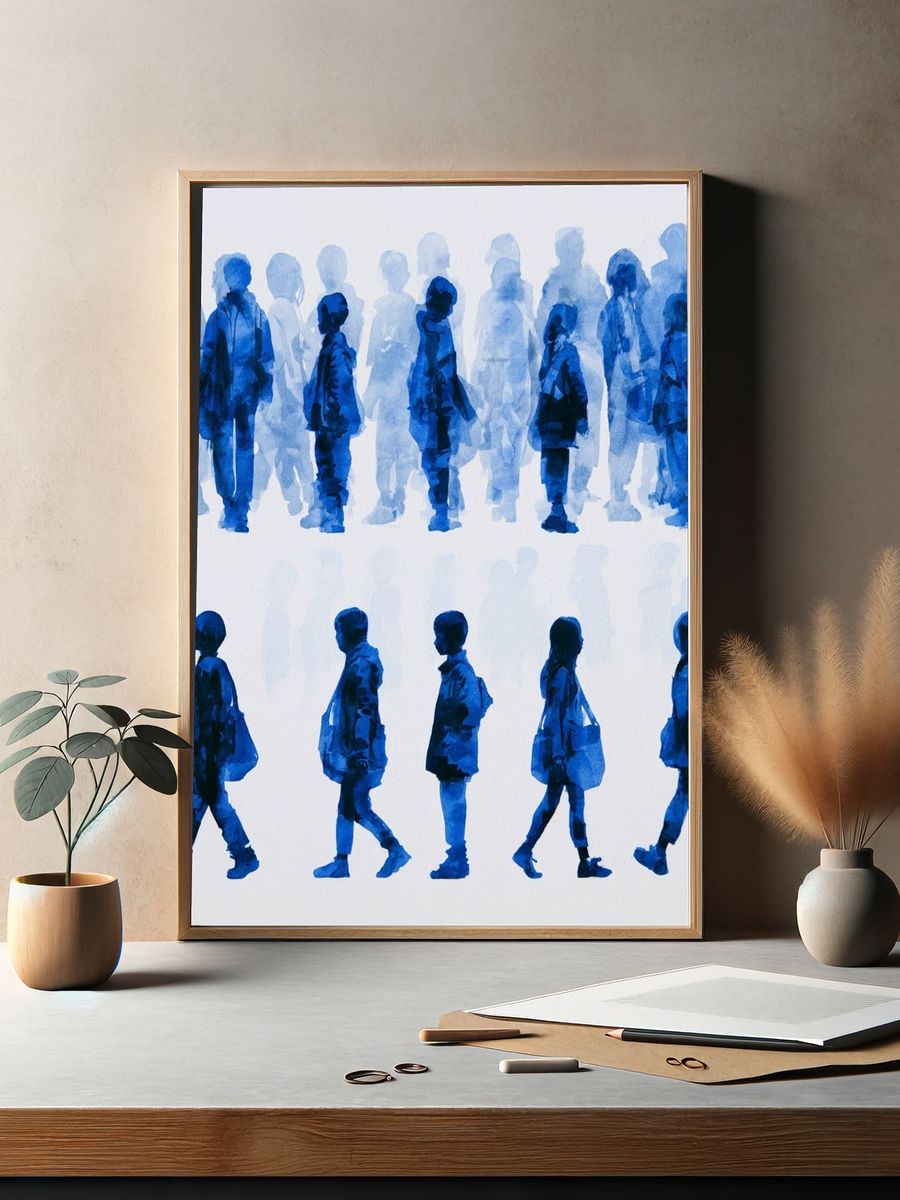 Blue Walking Figures Illustration Poster. — room view 2