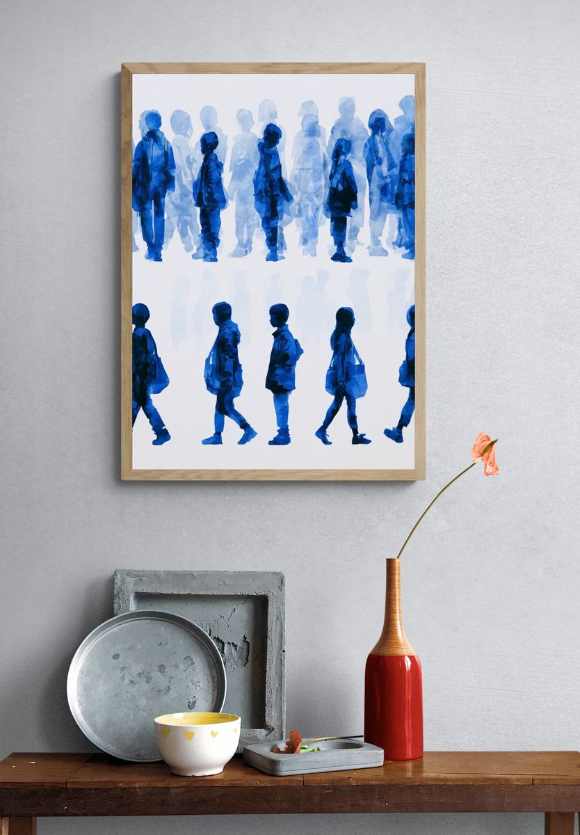 Blue Walking Figures Illustration Poster. — room view 3