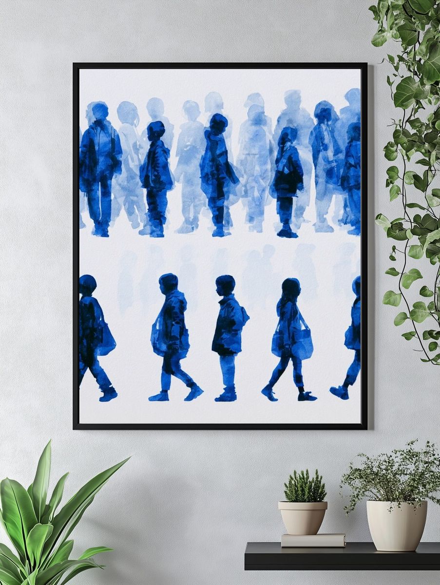 Blue Walking Figures Illustration Poster. — room view 4