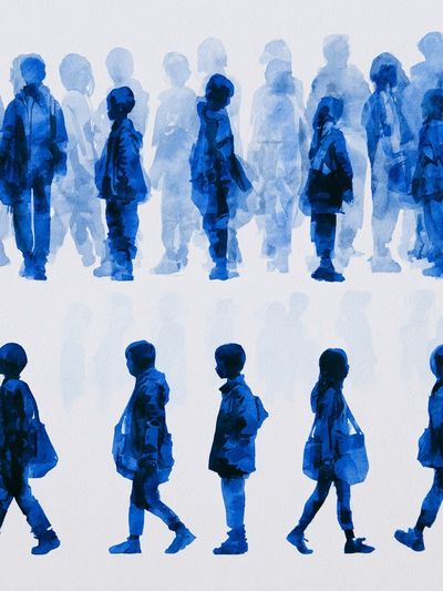 Blue Walking Figures Illustration Poster. poster