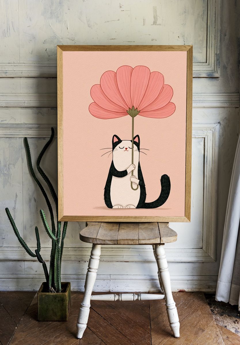 Cat with Flower Illustration Poster. — room view 1