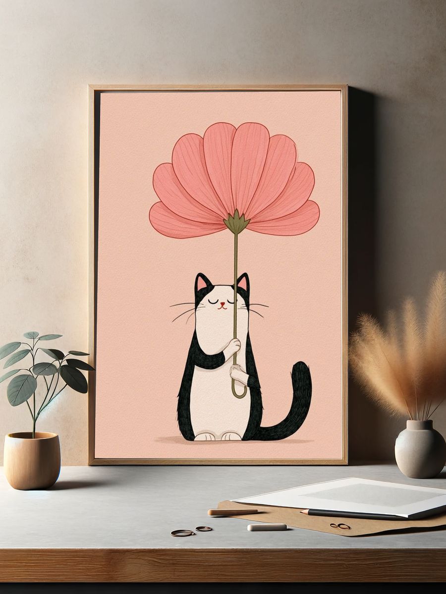 Cat with Flower Illustration Poster. — room view 2