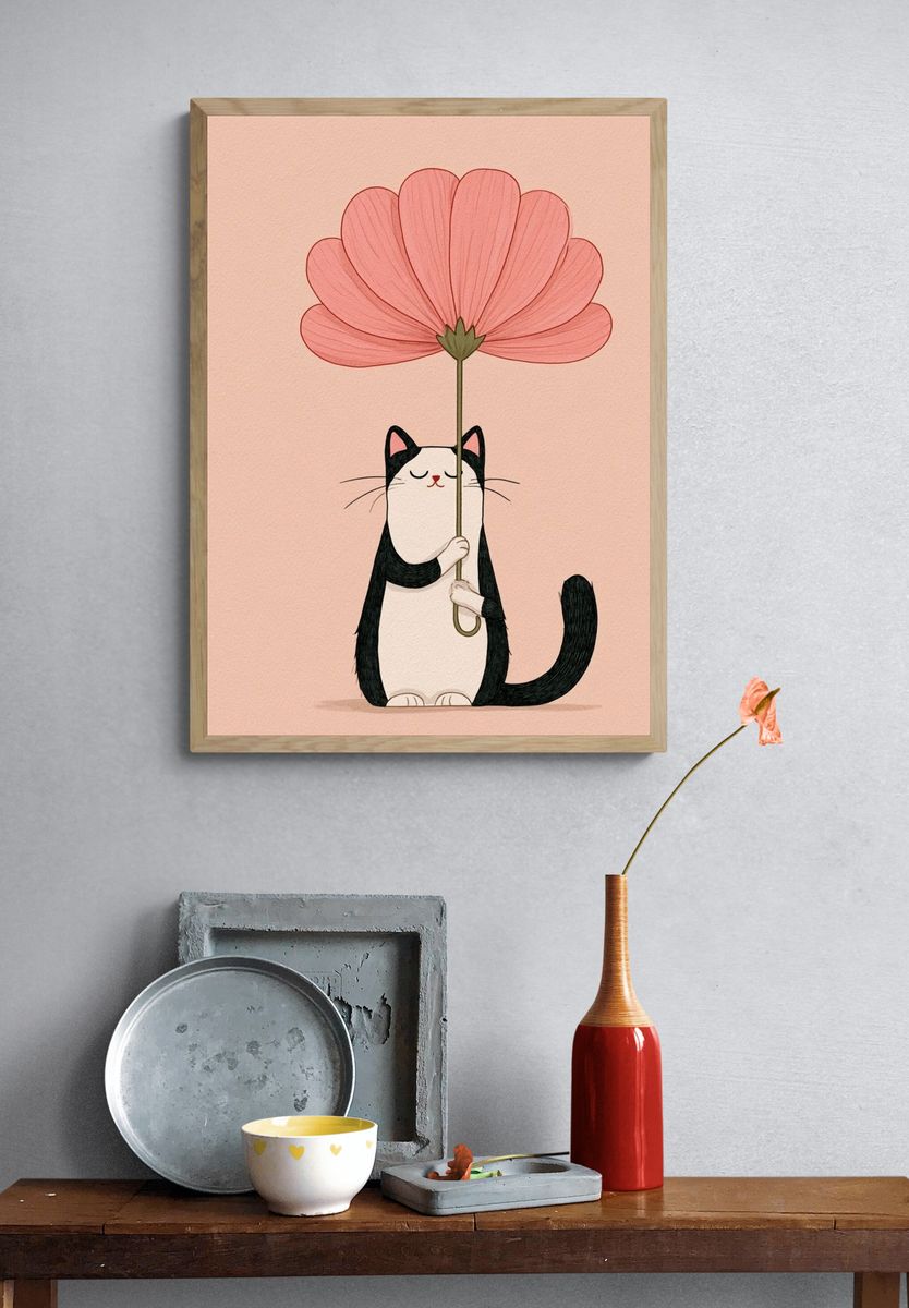 Cat with Flower Illustration Poster. — room view 3
