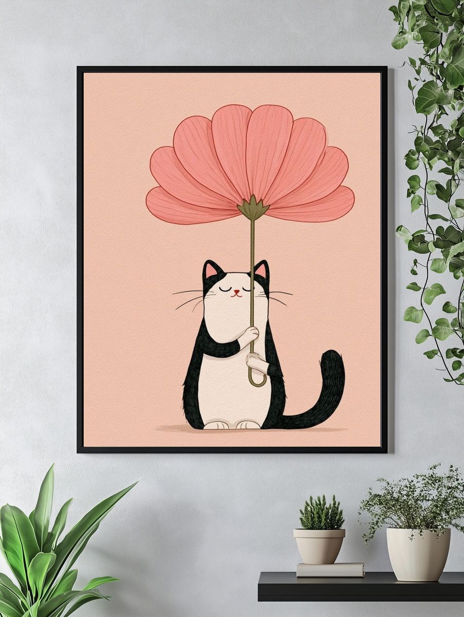 Cat with Flower Illustration Poster. — room view 4