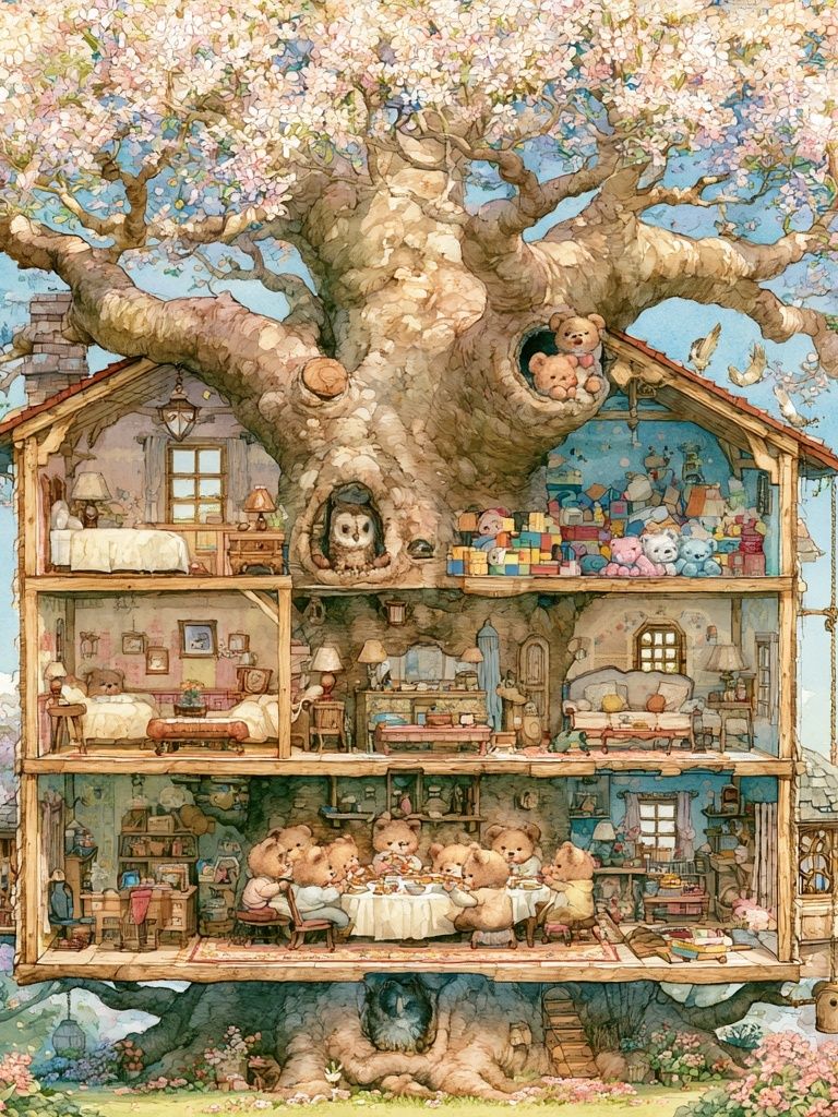 Whimsical Treehouse Bears Illustration Poster. poster — illustration art