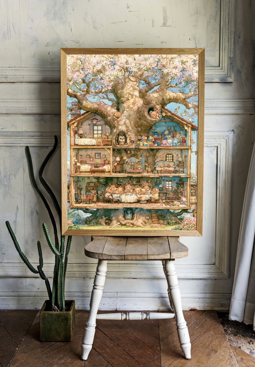 Whimsical Treehouse Bears Illustration Poster. room preview