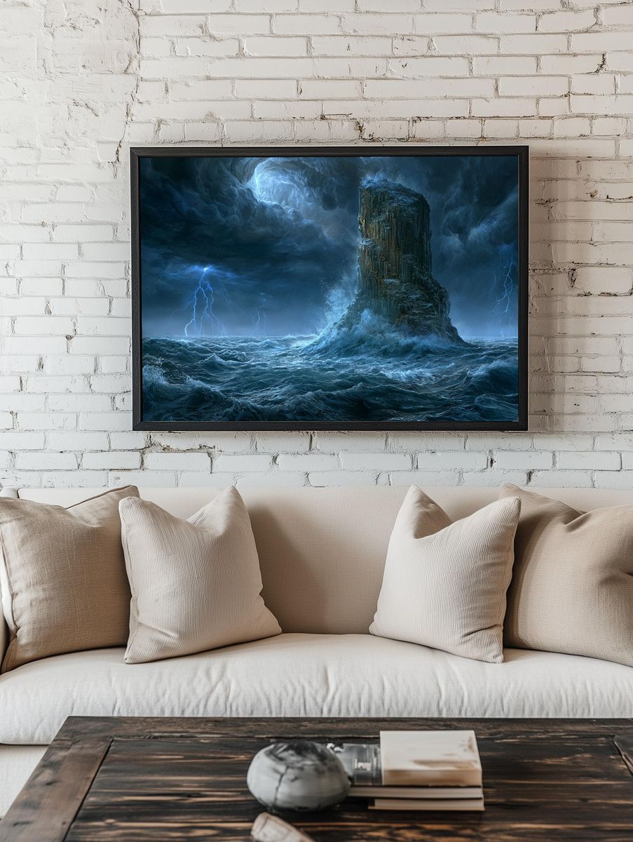 Stormy Sea Rockscape Print. room preview