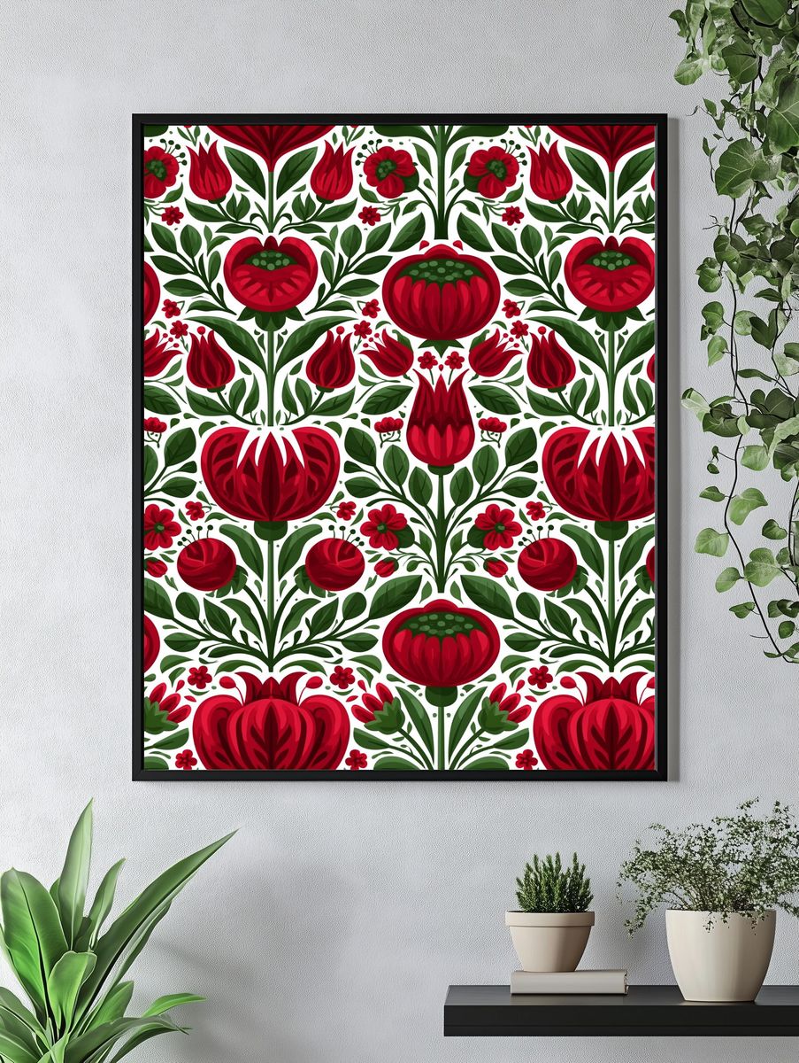 Red Floral Folk Pattern Poster. — room view 4