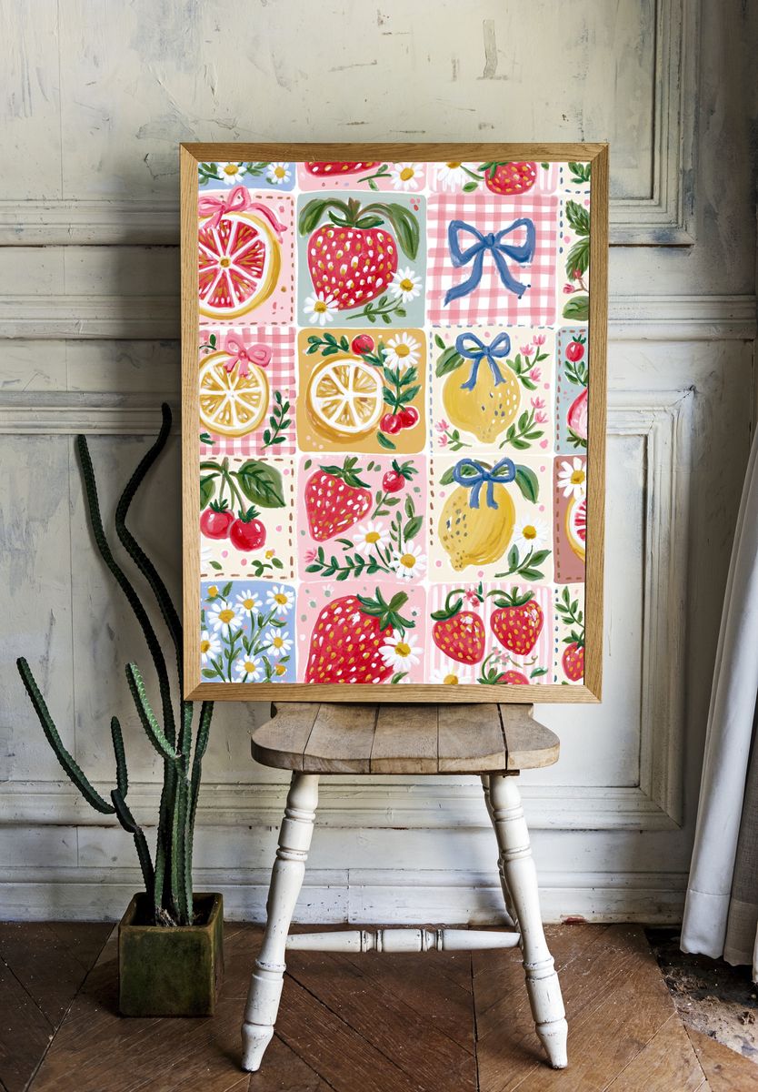 Strawberry Patchwork Illustration Poster. — room view 1