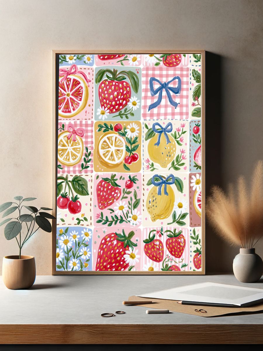 Strawberry Patchwork Illustration Poster. — room view 2