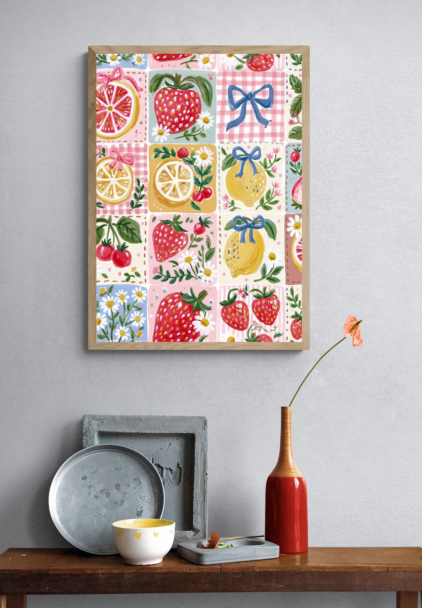 Strawberry Patchwork Illustration Poster. — room view 3
