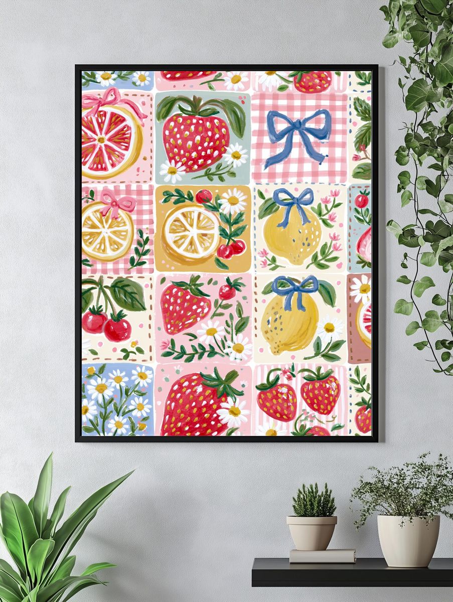 Strawberry Patchwork Illustration Poster. — room view 4