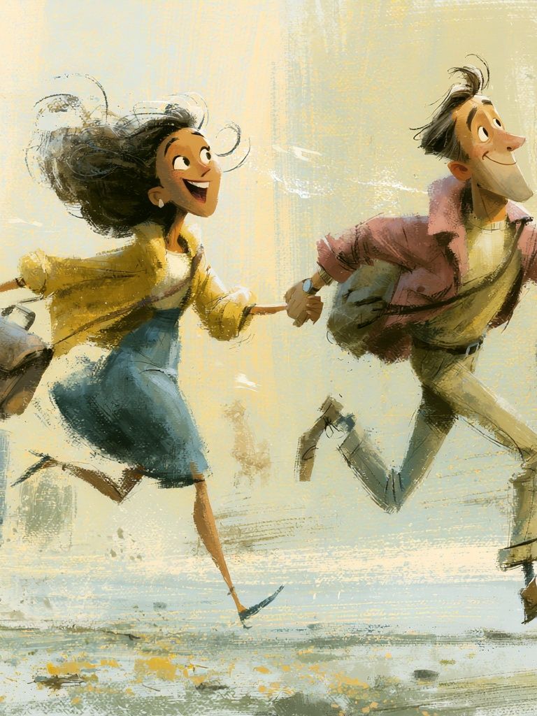 Joyful Couple Run Illustration Poster. poster — illustration art