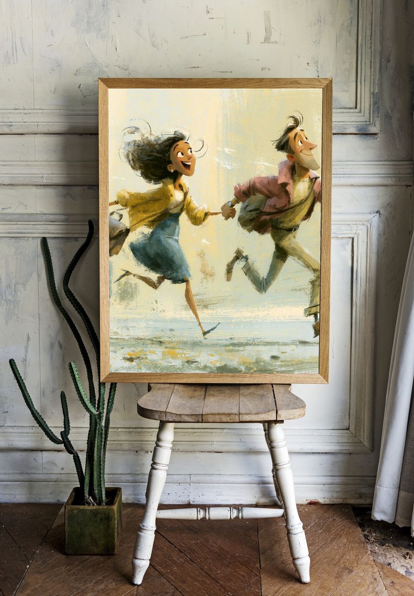 Joyful Couple Run Illustration Poster. — room view 1