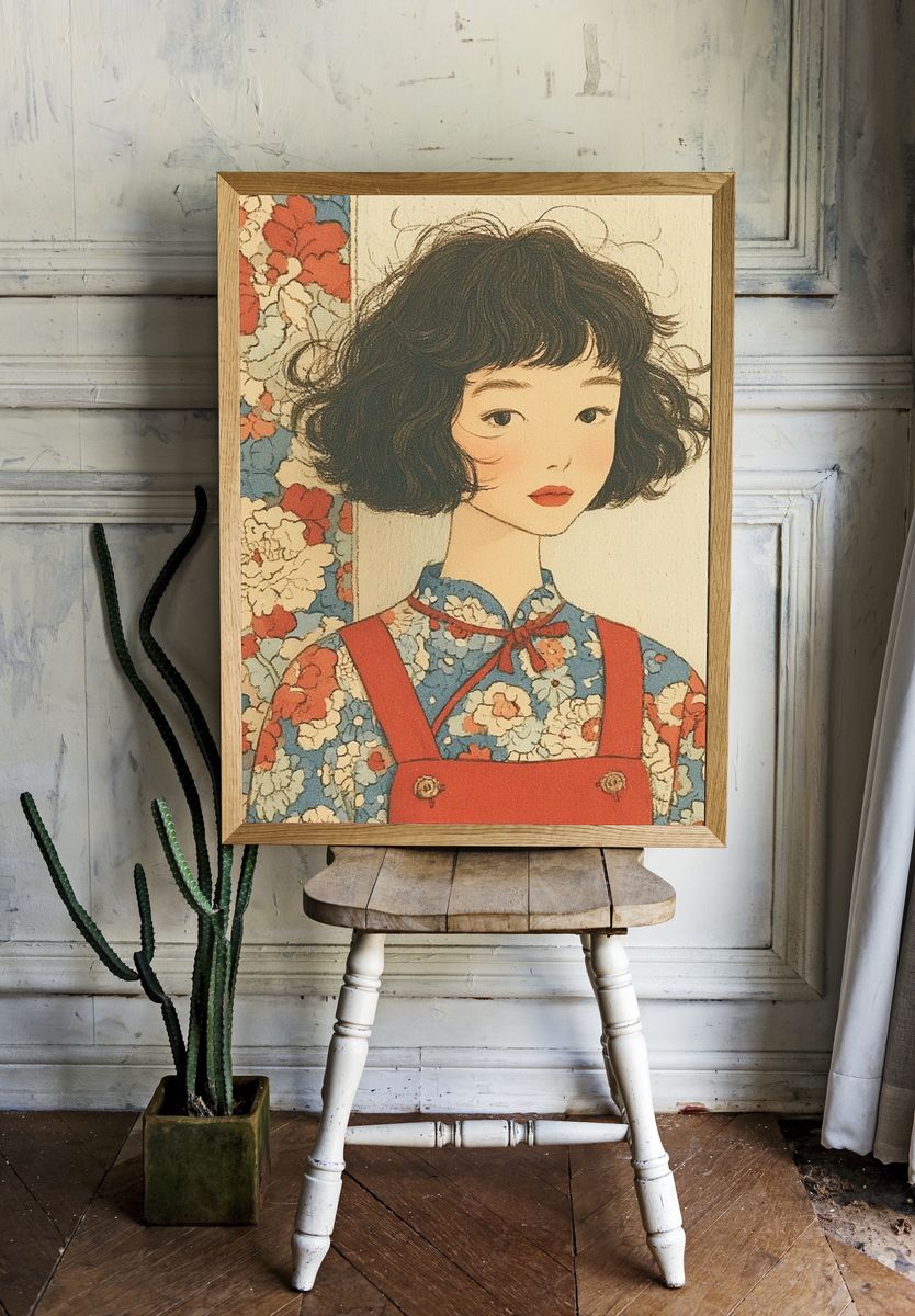 Floral Girl Portrait Vintage Print. — room view 1
