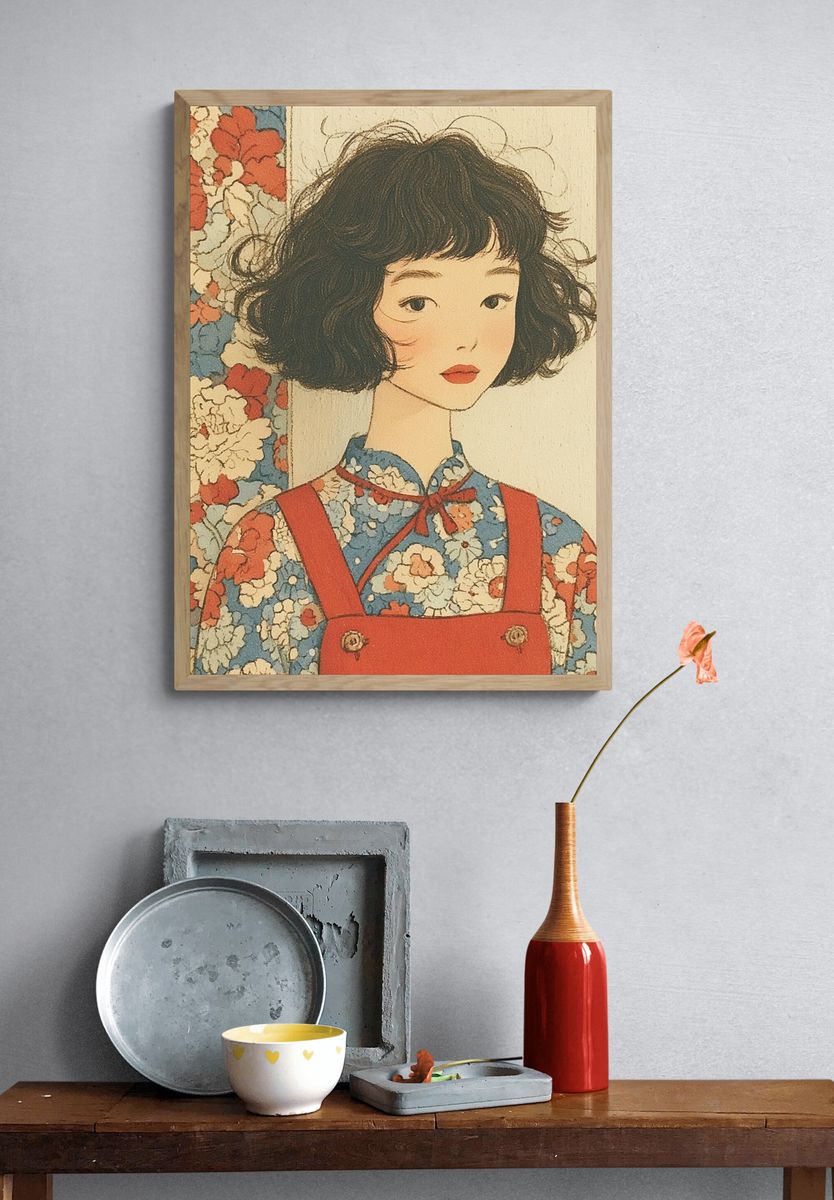 Floral Girl Portrait Vintage Print. — room view 3