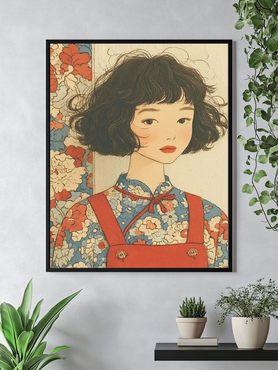 Floral Girl Portrait Vintage Print. — room view 4