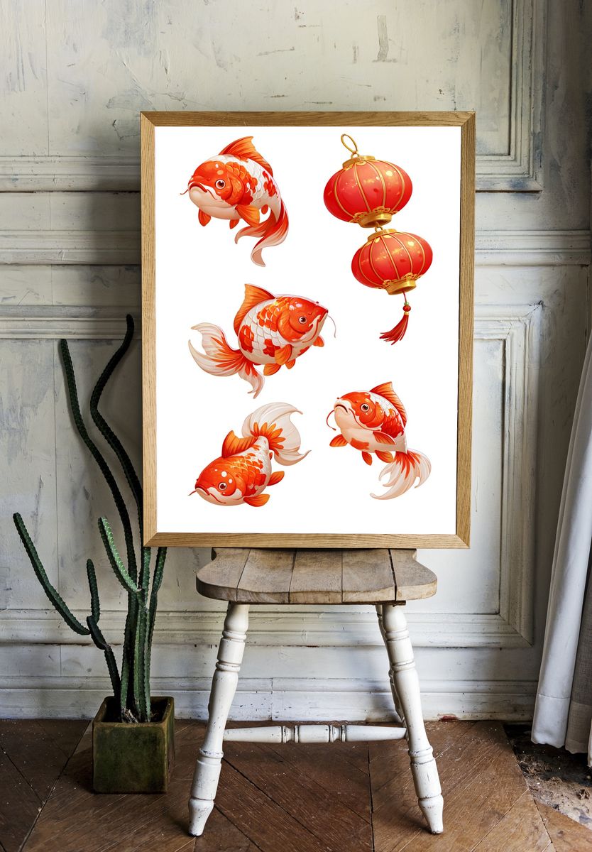 Koi Fish and Lantern Illustration Poster. — room view 1