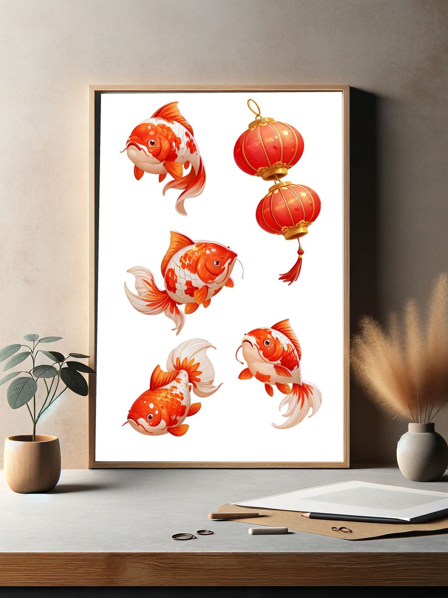 Koi Fish and Lantern Illustration Poster. — room view 2