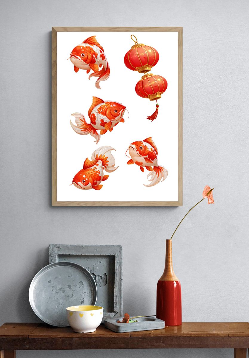 Koi Fish and Lantern Illustration Poster. — room view 3