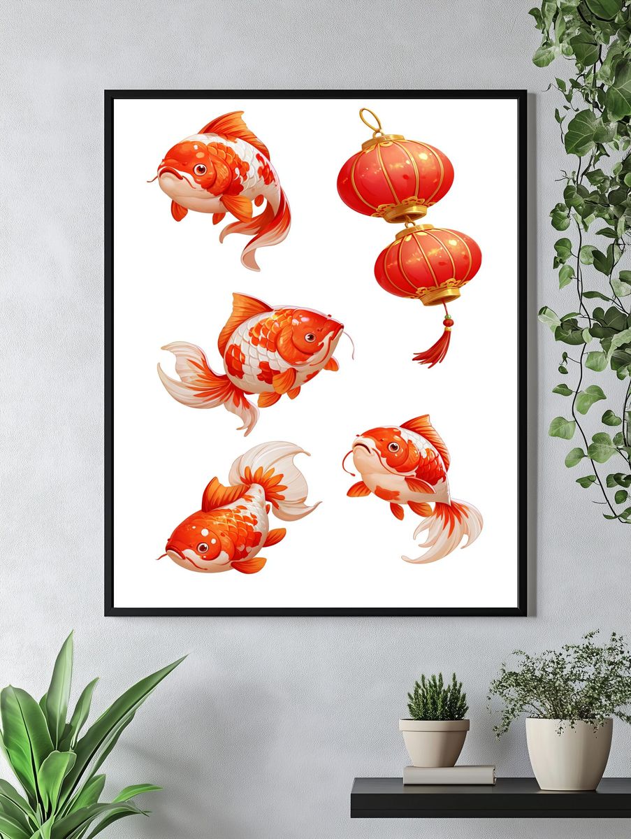 Koi Fish and Lantern Illustration Poster. — room view 4