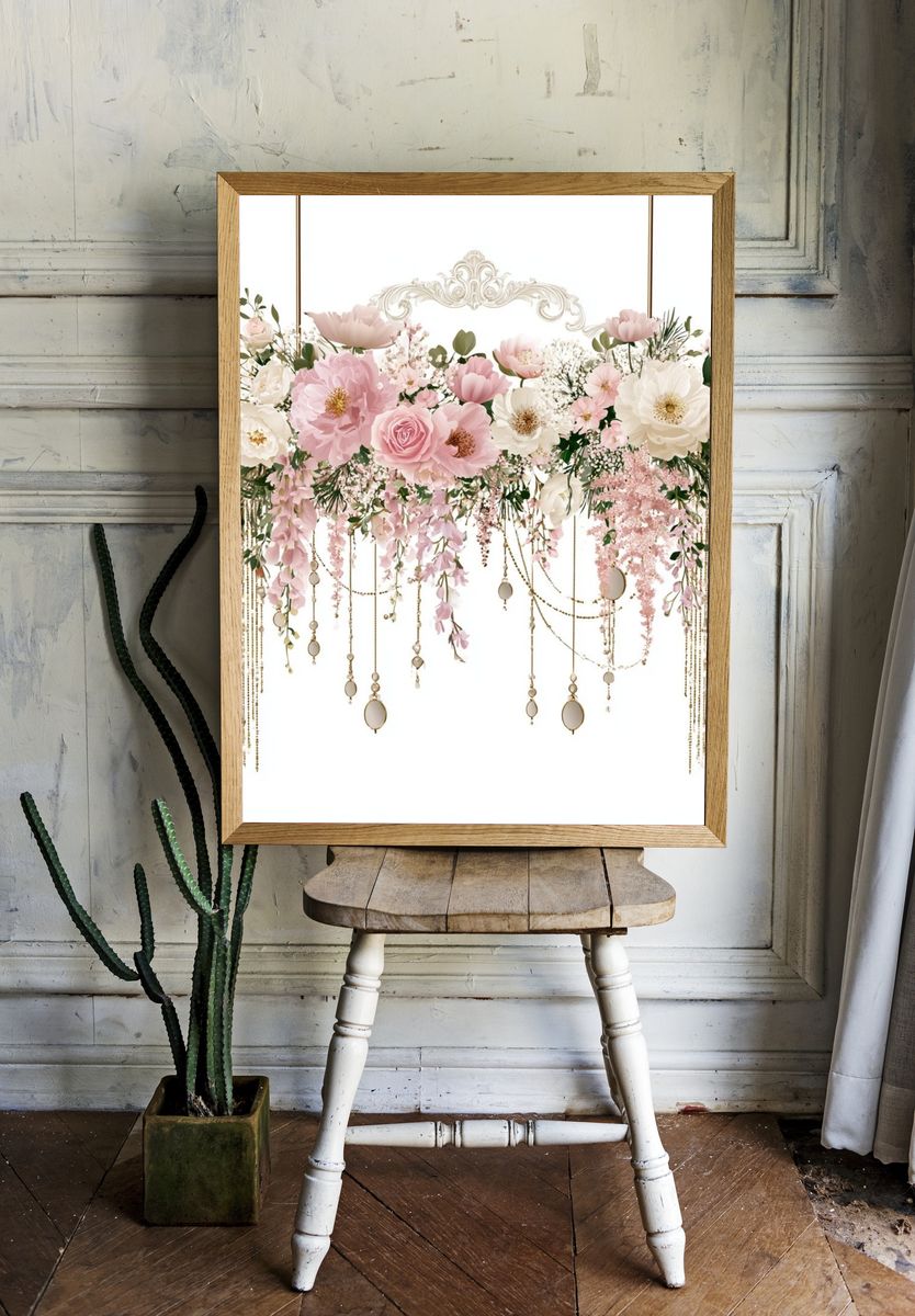 Blush Floral Chandelier Print. room preview