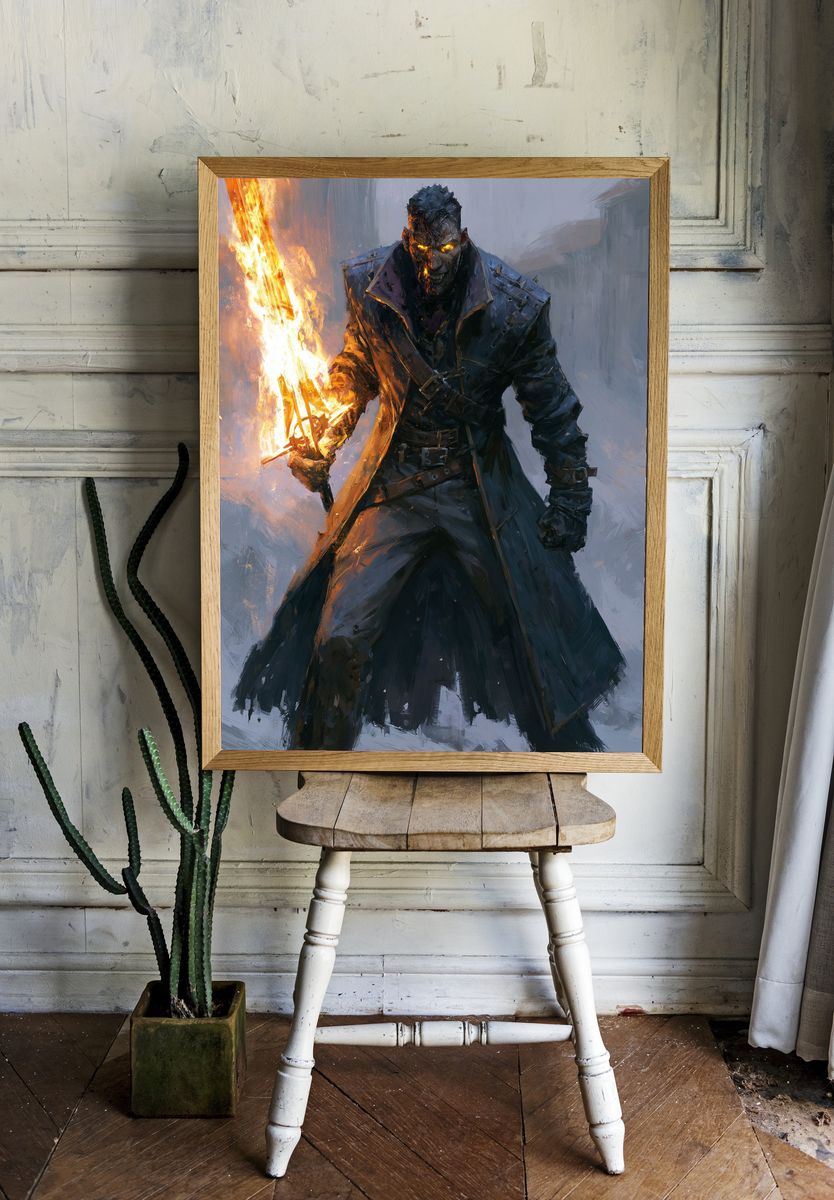 Flaming Warrior Fantasy Print. room preview