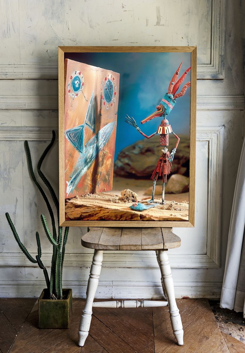 Whimsical Bird Sculpture Illustration Poster. room preview