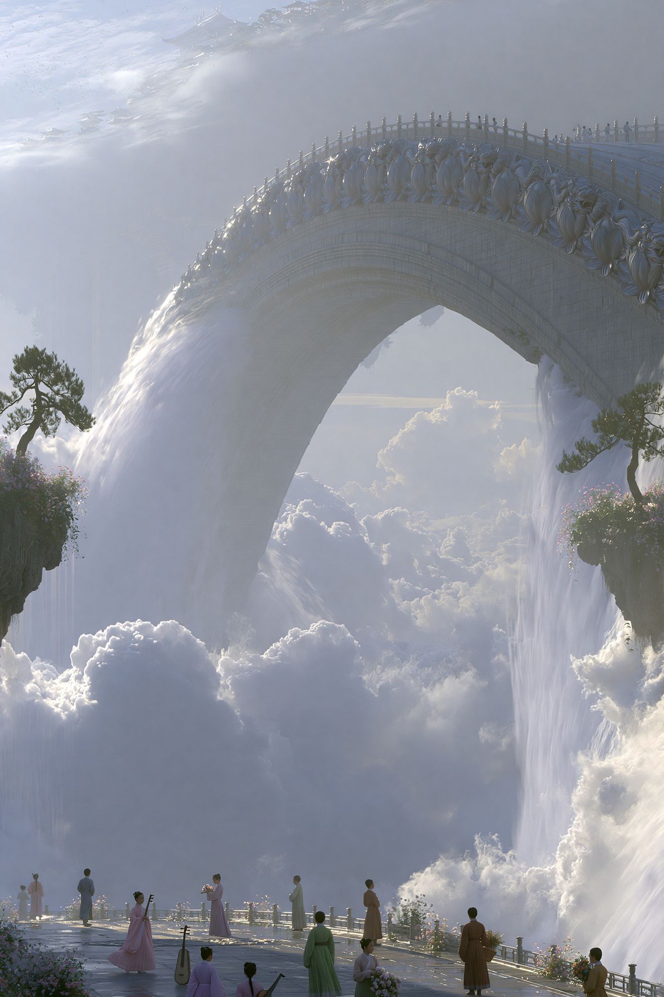 Celestial Waterfall Bridge Fantasy Print. poster detail