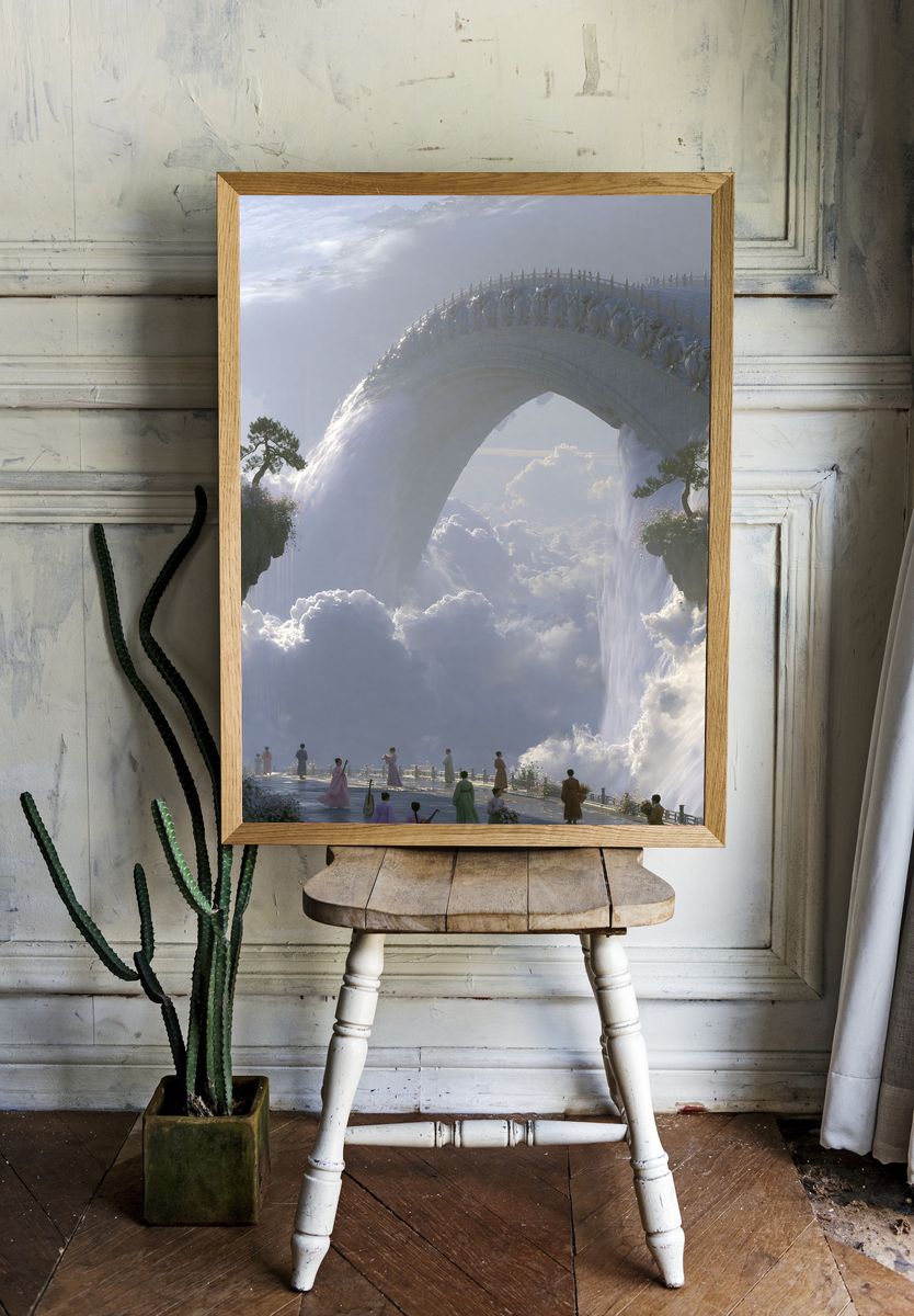 Celestial Waterfall Bridge Fantasy Print. room preview
