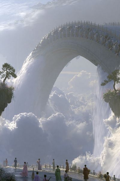 Celestial Waterfall Bridge Fantasy Print. poster