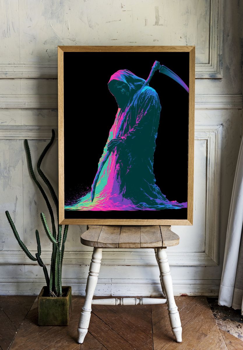 Neon Grim Reaper Digital Art Poster. room preview