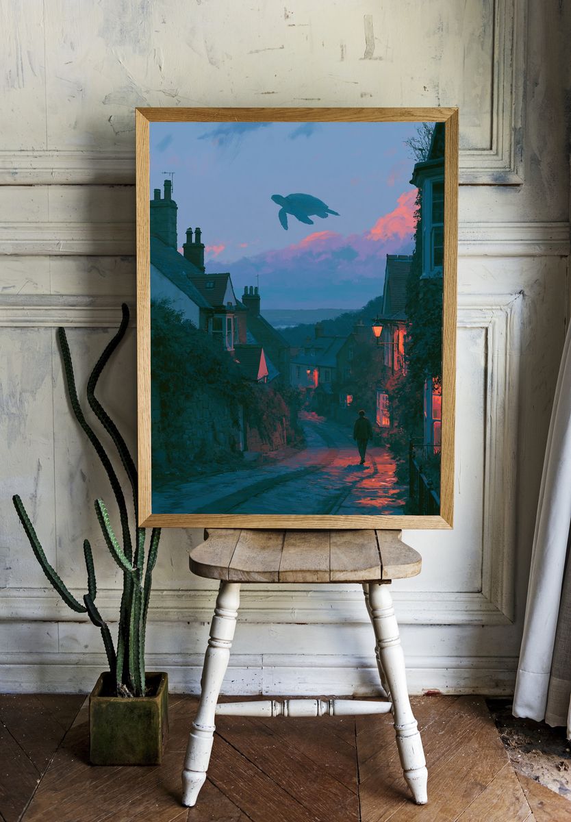 Moonlit Turtle Village Illustration Poster. — room view 1