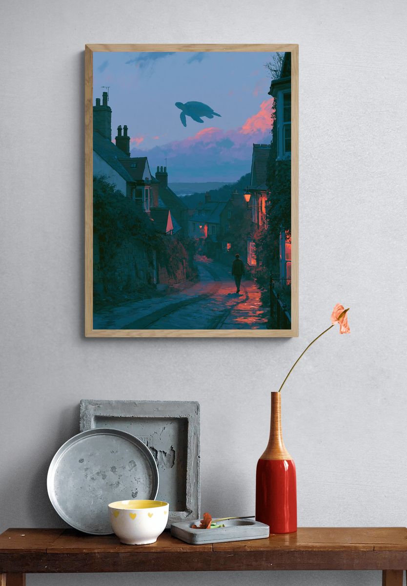 Moonlit Turtle Village Illustration Poster. — room view 3