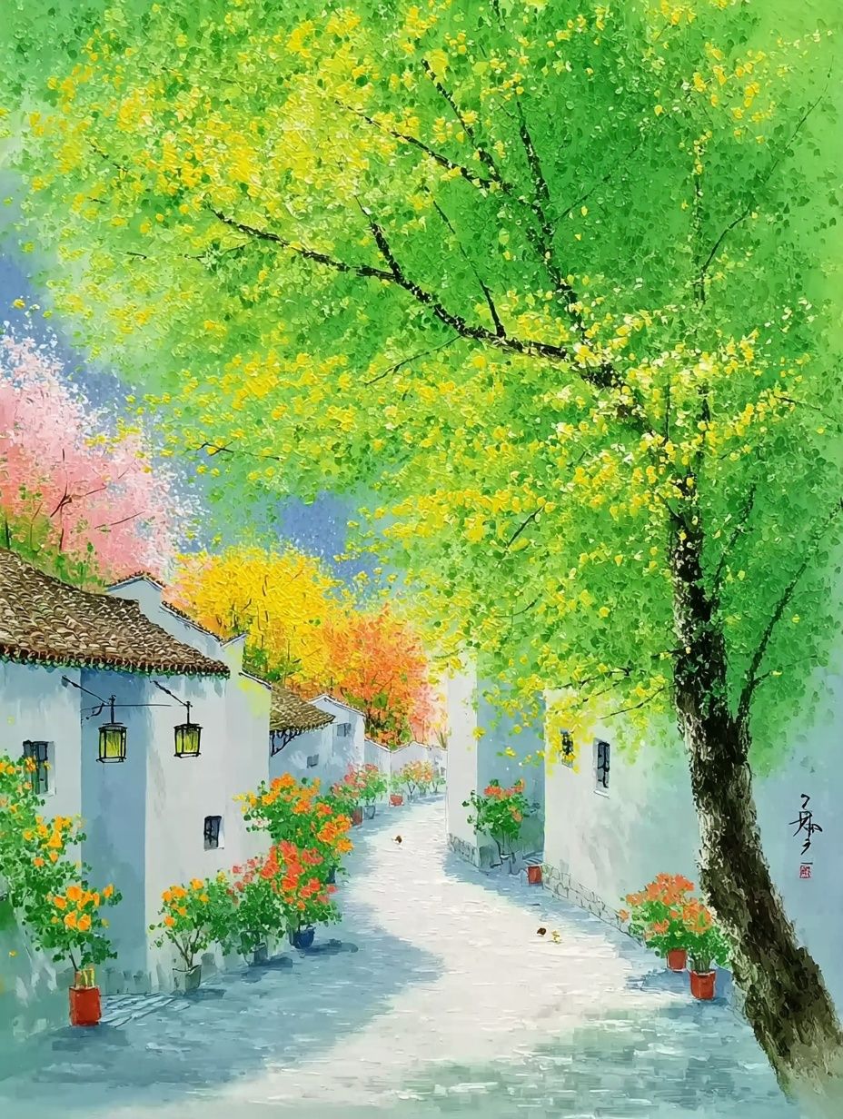 Spring Village Lane Illustration Poster. poster — illustration art