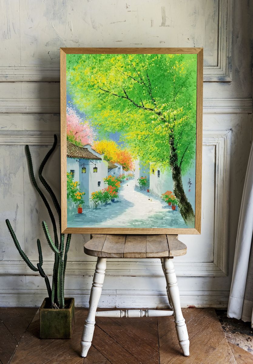 Spring Village Lane Illustration Poster. — room view 1