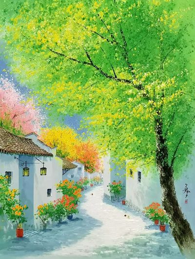 Spring Village Lane Illustration Poster. poster print