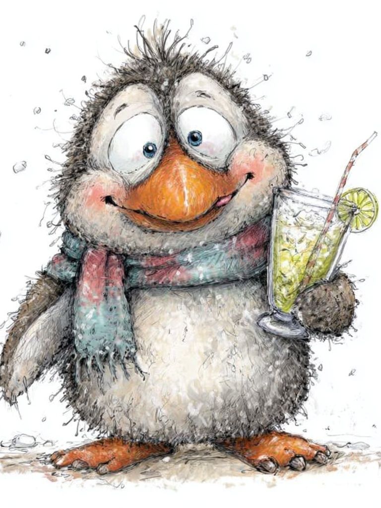 Cheerful Penguin Cocktail Illustration Poster. poster detail