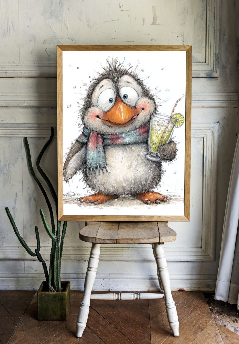 Cheerful Penguin Cocktail Illustration Poster. room preview