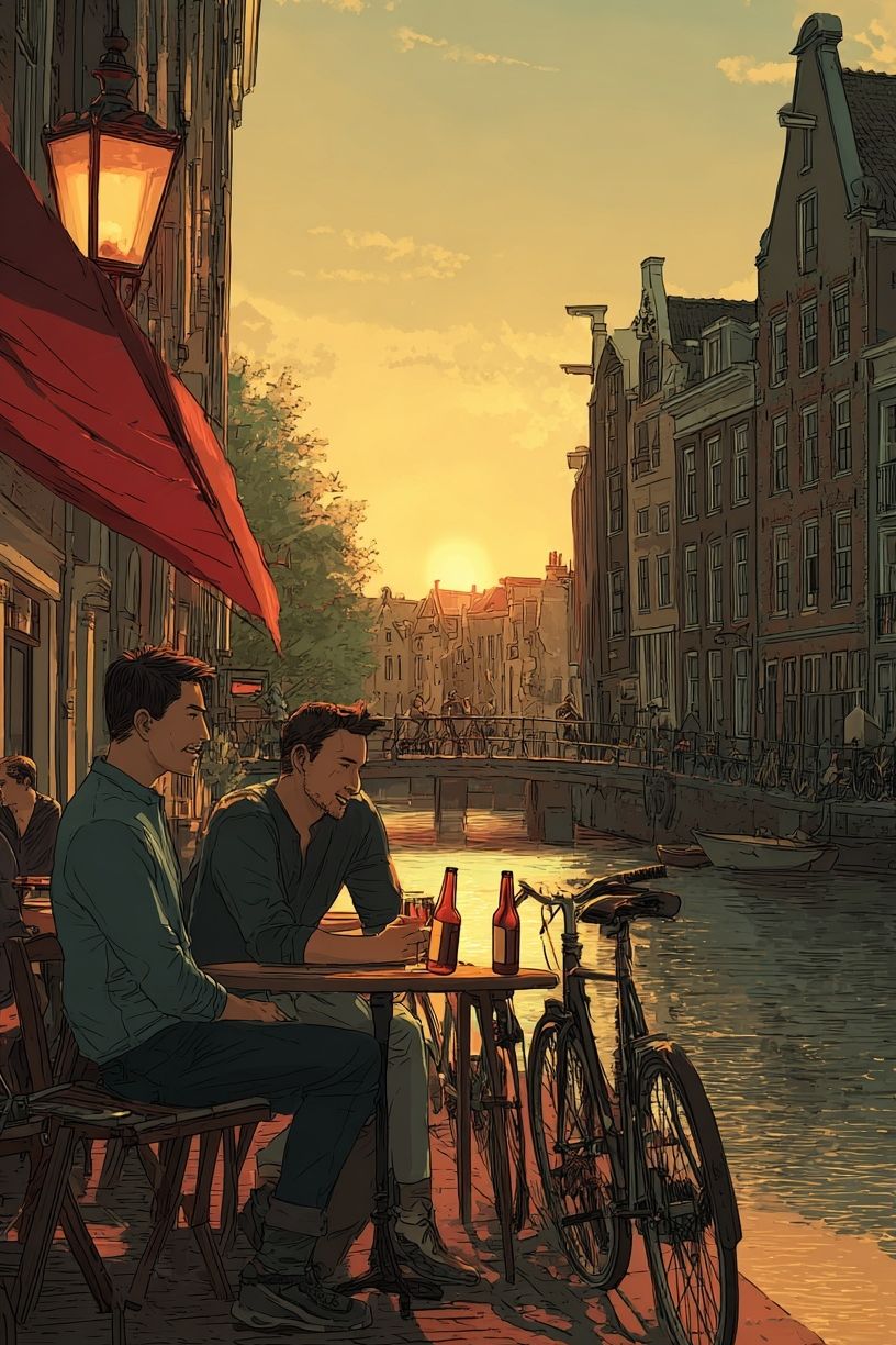 Canal Sunset Café Illustration Poster. poster — illustration art