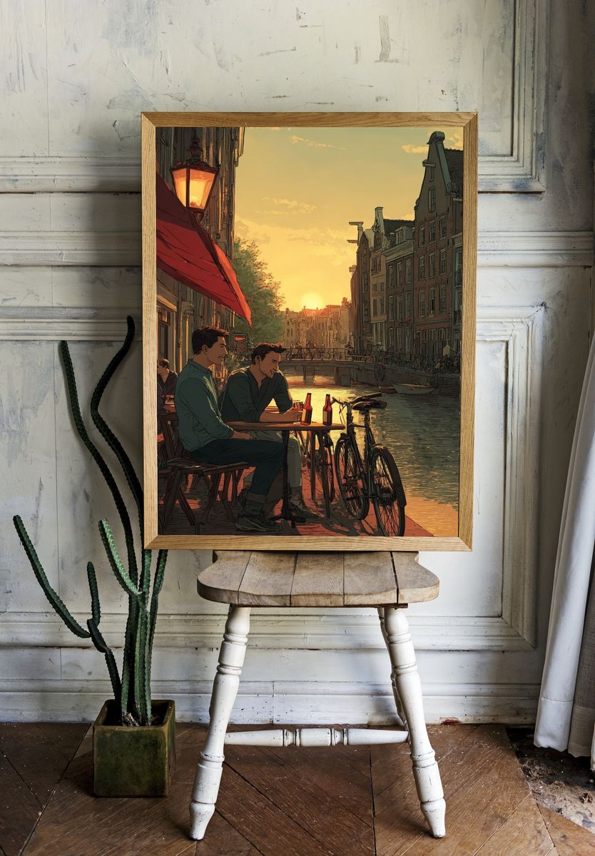 Canal Sunset Café Illustration Poster. — room view 1