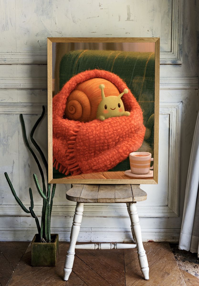Snail in Cozy Blanket Illustration Poster. room preview