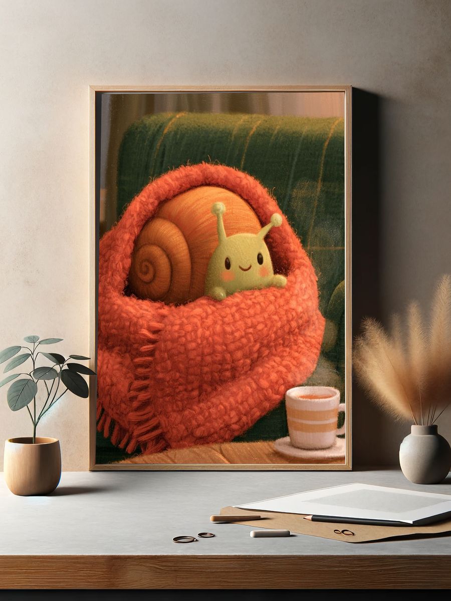 Snail in Cozy Blanket Illustration Poster. — room view 2