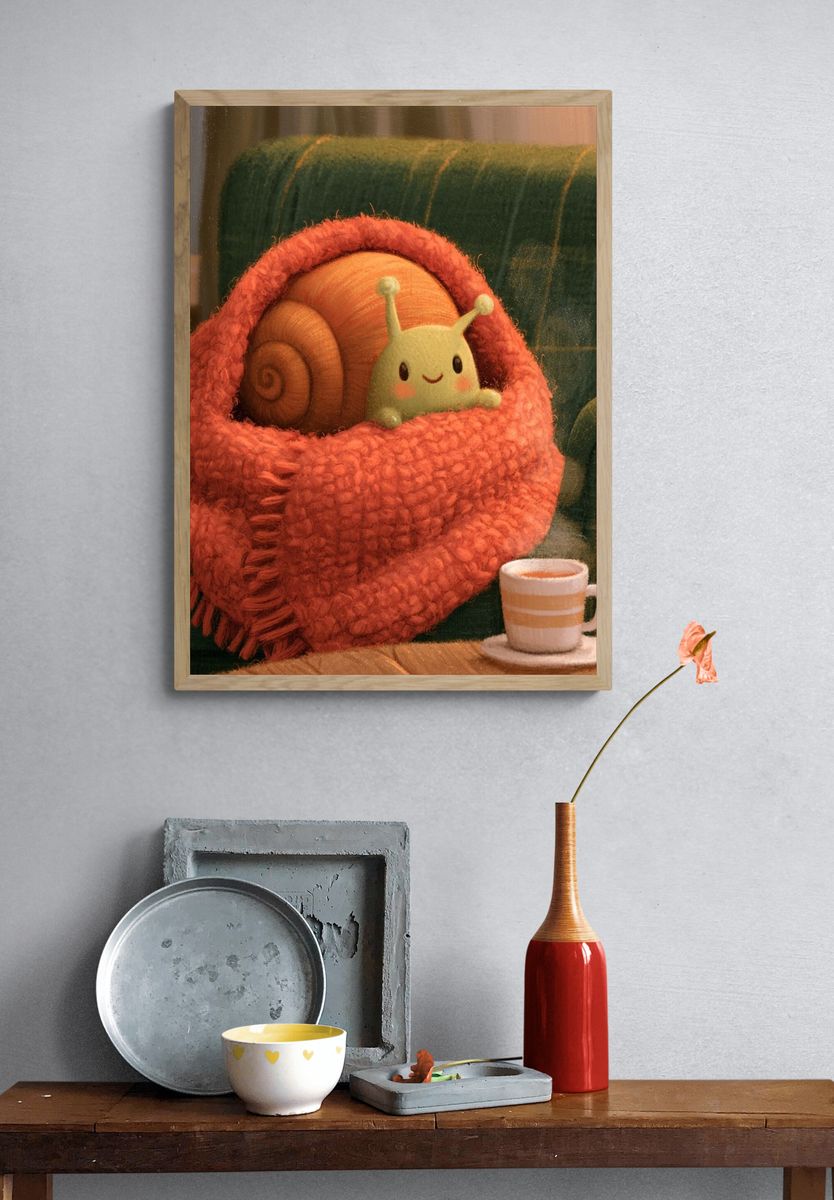 Snail in Cozy Blanket Illustration Poster. — room view 3