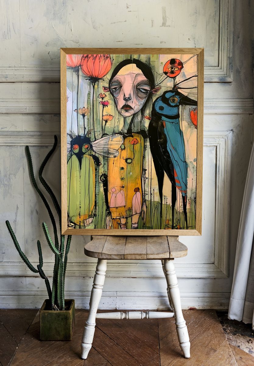 Surreal Bird Garden Illustration Poster. room preview