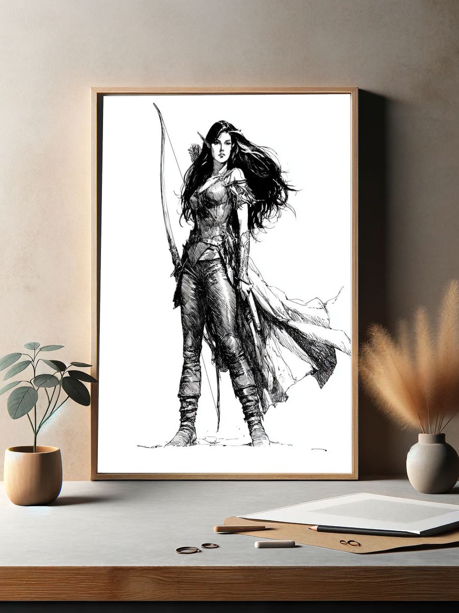 Warrior Woman Ink Illustration Poster. — room view 2