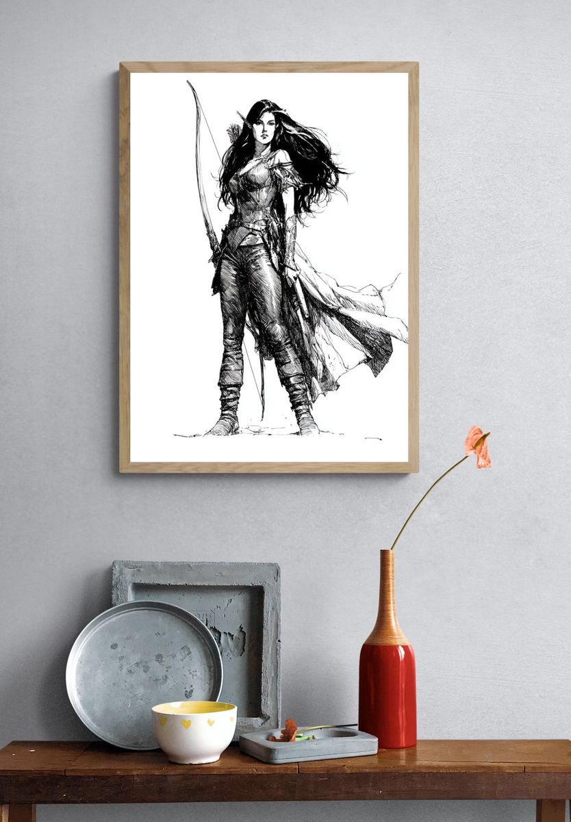 Warrior Woman Ink Illustration Poster. — room view 3